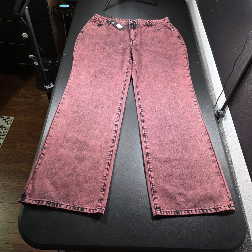 Fashion Nova Set You Free Red Acid Wash Baggy Wide Leg Jeans Size 16 NWT